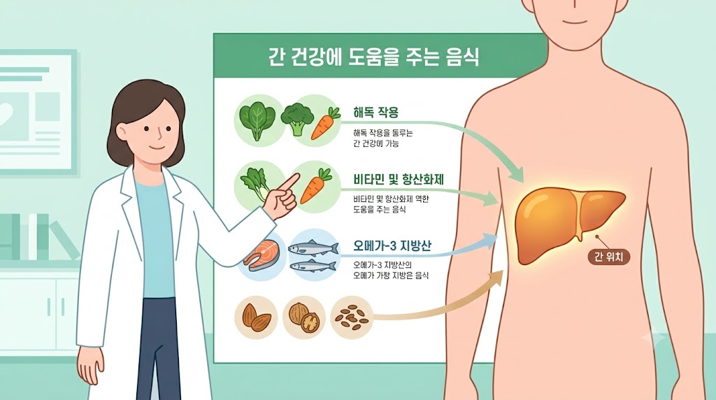 간에 좋은 음식 재료들로 구성된 건강한 식탁과 간 건강 이미지