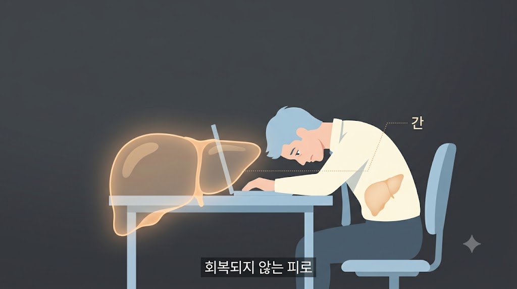 피곤한 표정으로 책상에 엎드려 있는 성인, 배경에 반투명하게 겹쳐진 간 실루엣