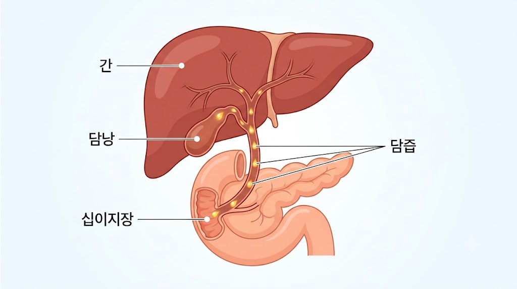 간과 담낭, 십이지장을 연결하는 담즙 흐름 구조 일러스트