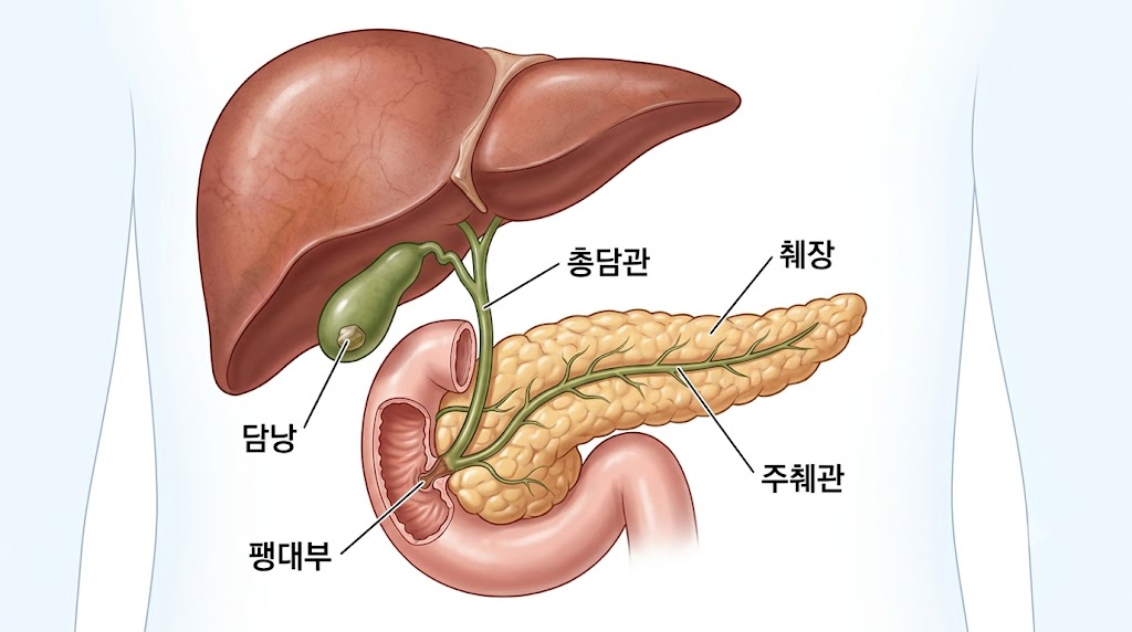 담낭 췌장 관계 — 담낭·총담관·주췌관이 팽대부에서 만나는 해부학 구조도