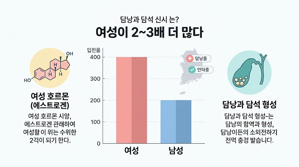 담석 발생률 여성과 남성 비교 인포그래픽 — 에스트로겐과 위험 요인 시각화