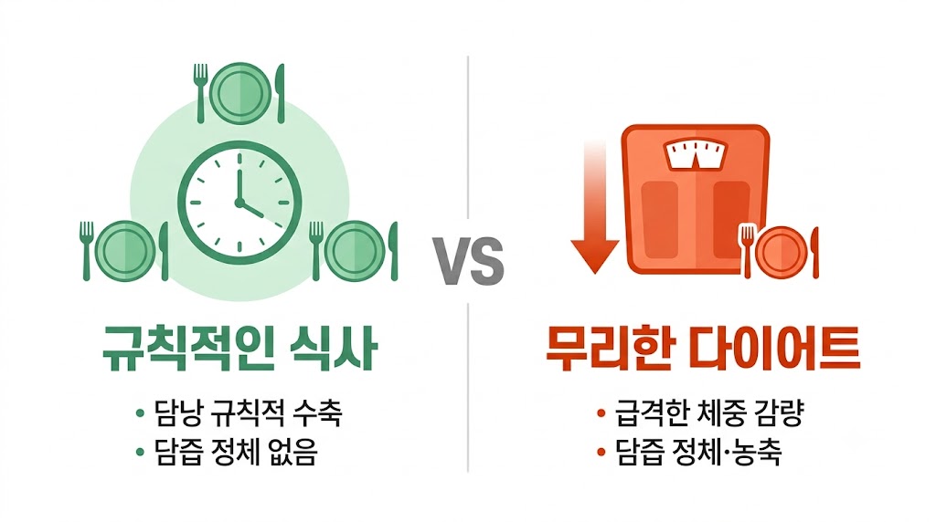 불규칙한 식사와 다이어트가 담낭에 미치는 영향 — 체중 변화와 담석 위험 인포그래픽