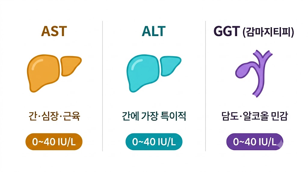 AST·ALT·GGT 정상범위 비교 인포그래픽 — 세 가지 간 수치의 차이