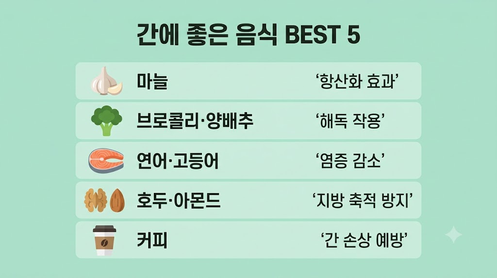 간에 좋은 음식 대표 식재료 5가지를 정리한 인포그래픽