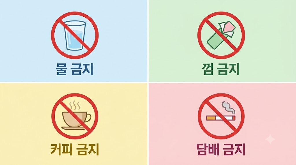 금식 중 피해야 할 4가지 — 물·껌·커피·담배 금지 인포그래픽
