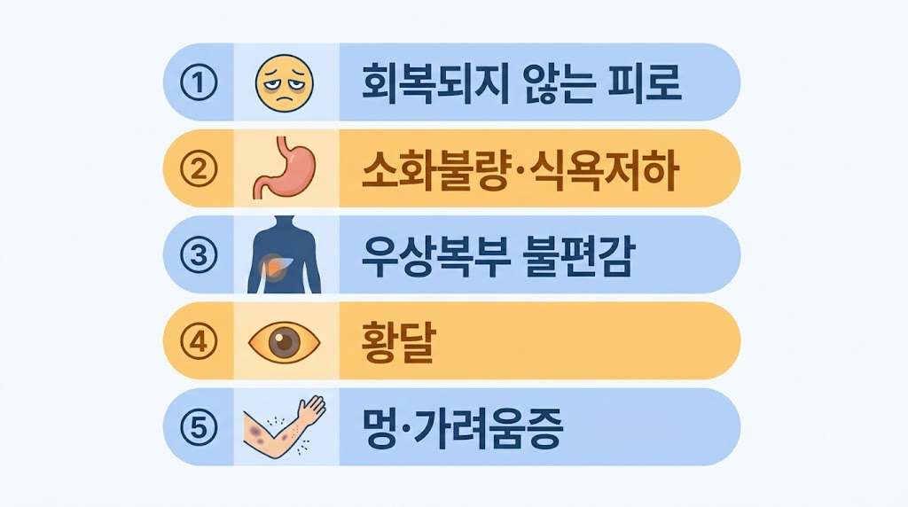간 건강 이상 시 나타나는 대표 증상 5가지를 보여주는 인포그래픽 — 피로, 소화불량, 우상복부 불편감, 황달, 가려움증