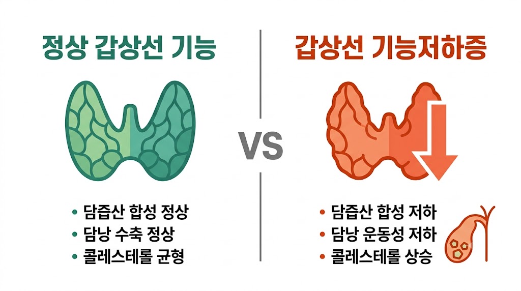 정상 갑상선 기능과 갑상선 기능저하증의 담즙·담낭 비교