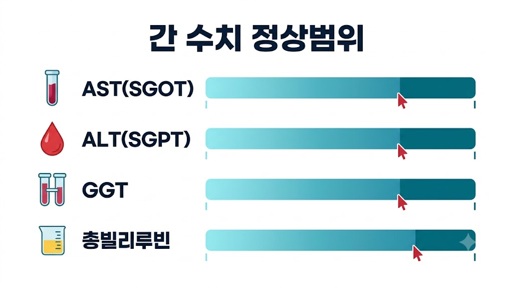간 수치 AST ALT GGT 빌리루빈 정상범위 비교 인포그래픽