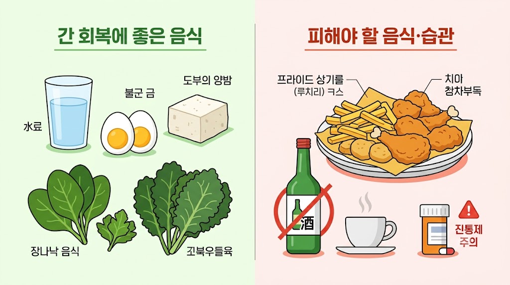 간 회복에 도움되는 음식과 피해야 할 음식을 비교한 식단 인포그래픽