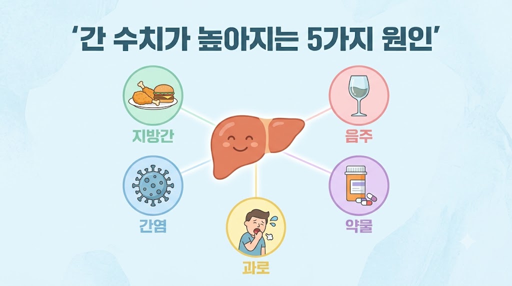간 수치가 높아지는 5가지 원인 인포그래픽 — 지방간·음주·간염·약물·과로