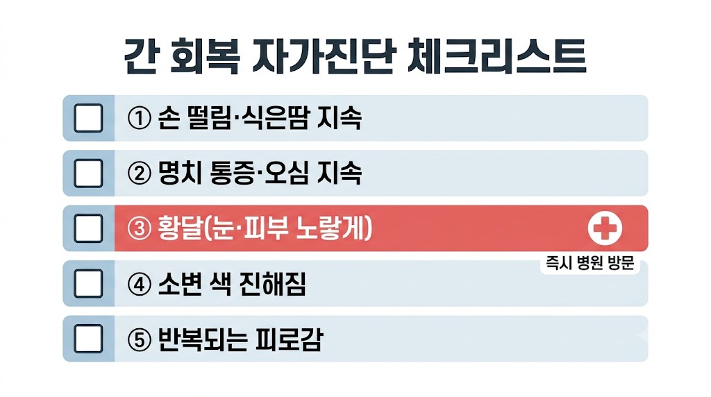간 회복 자가진단 체크리스트 5가지와 응급 방문 기준 인포그래픽