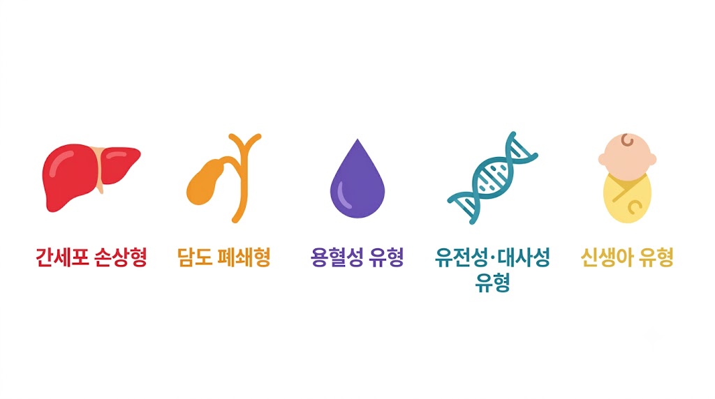 원인 5가지 비교 — 간질환·담도폐쇄·용혈성빈혈 인포그래픽