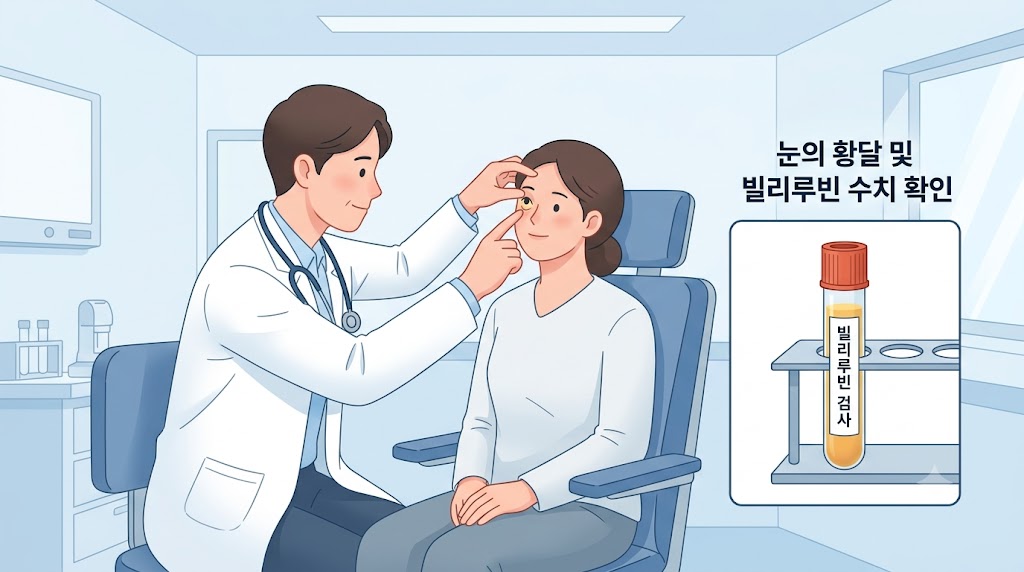 황달 증상 확인 — 노랗게 변한 눈 흰자와 빌리루빈 수치 검사 장면