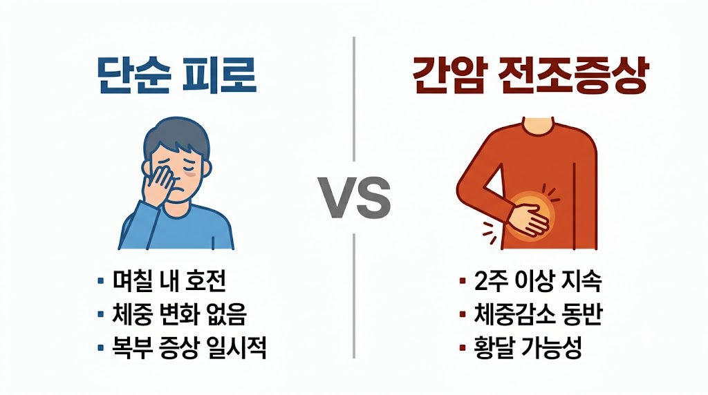단순 피로와 간암 초기증상의 차이를 보여주는 좌우 비교 인포그래픽