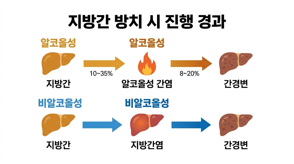 지방간 유형별 위험군과 진행 경과 — 간경변까지 가는 과정