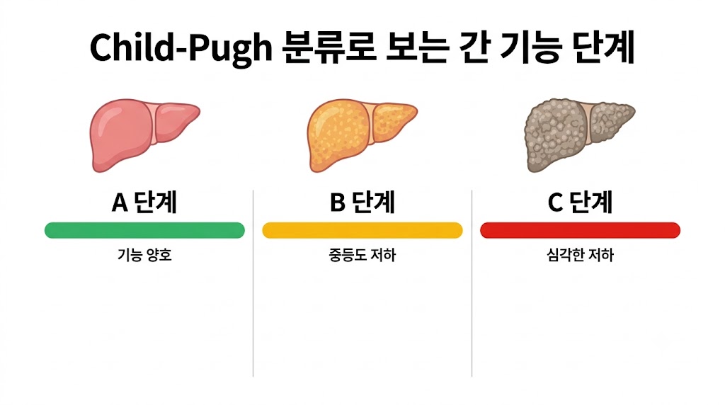  Child-Pugh 분류로 간 기능 단계를 비교한 표 인포그래픽
