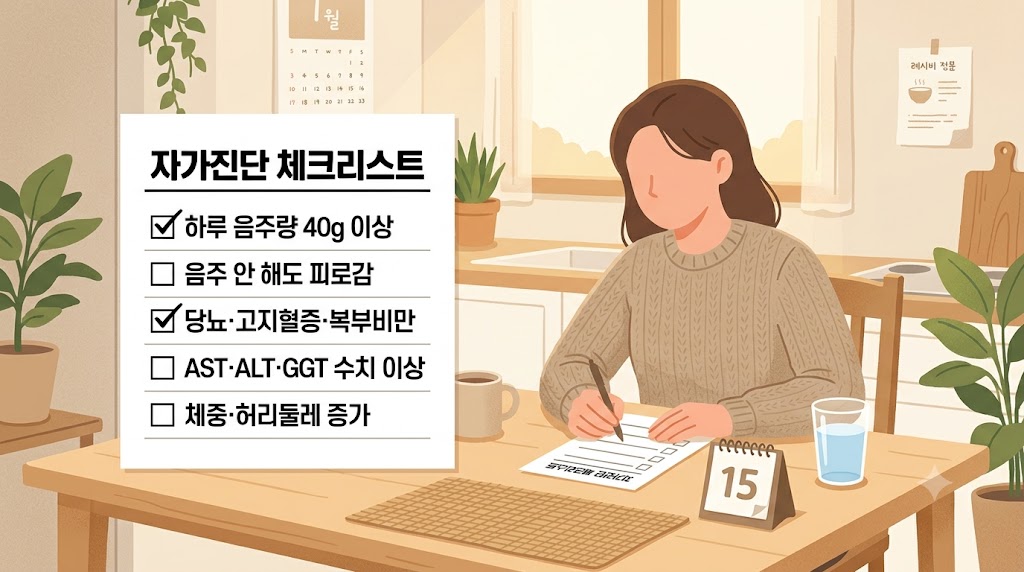 만성 간질환 자가진단 체크리스트를 확인하는 장면